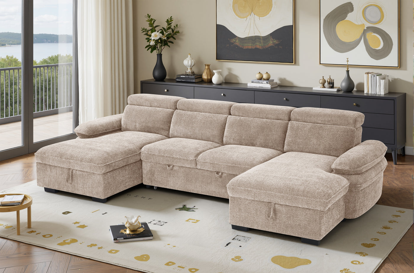 MANVILLE U-Shape Sofa Bed With Storage