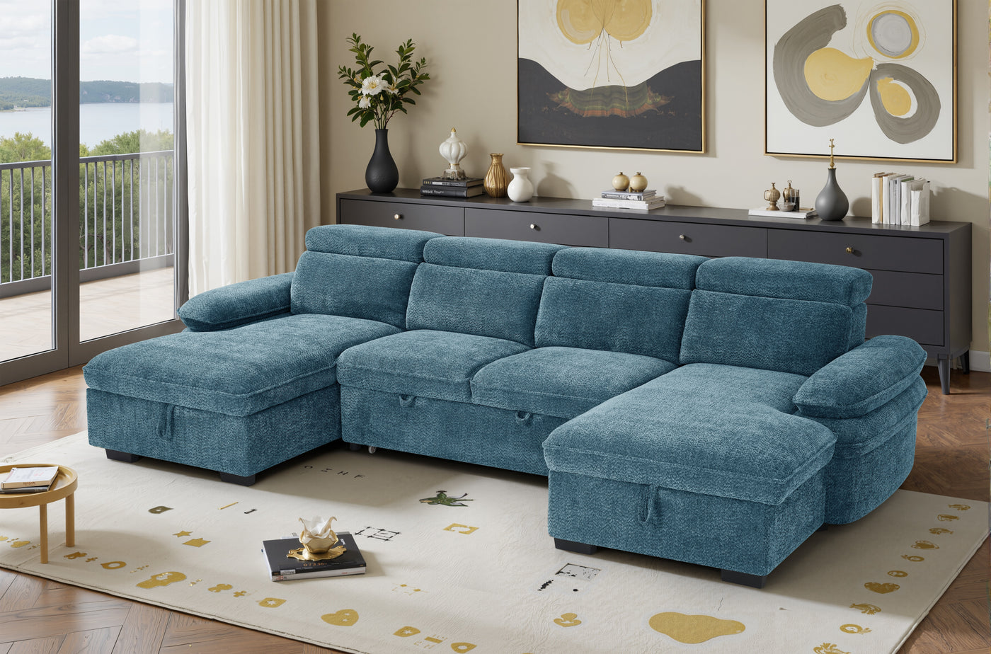 MANVILLE U-Shape Sofa Bed With Storage