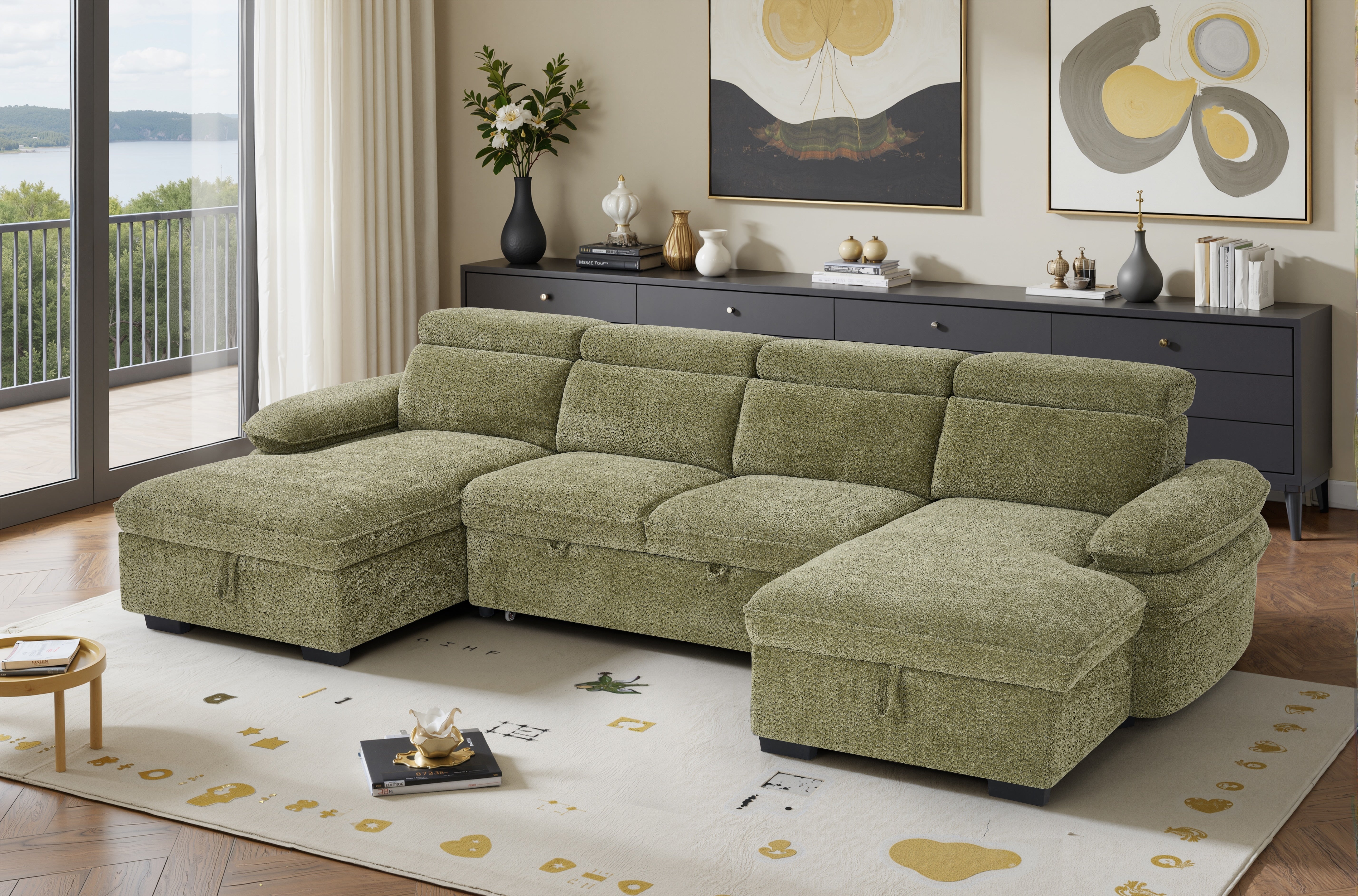 MANVILLE U-Shape Sofa Bed With Storage