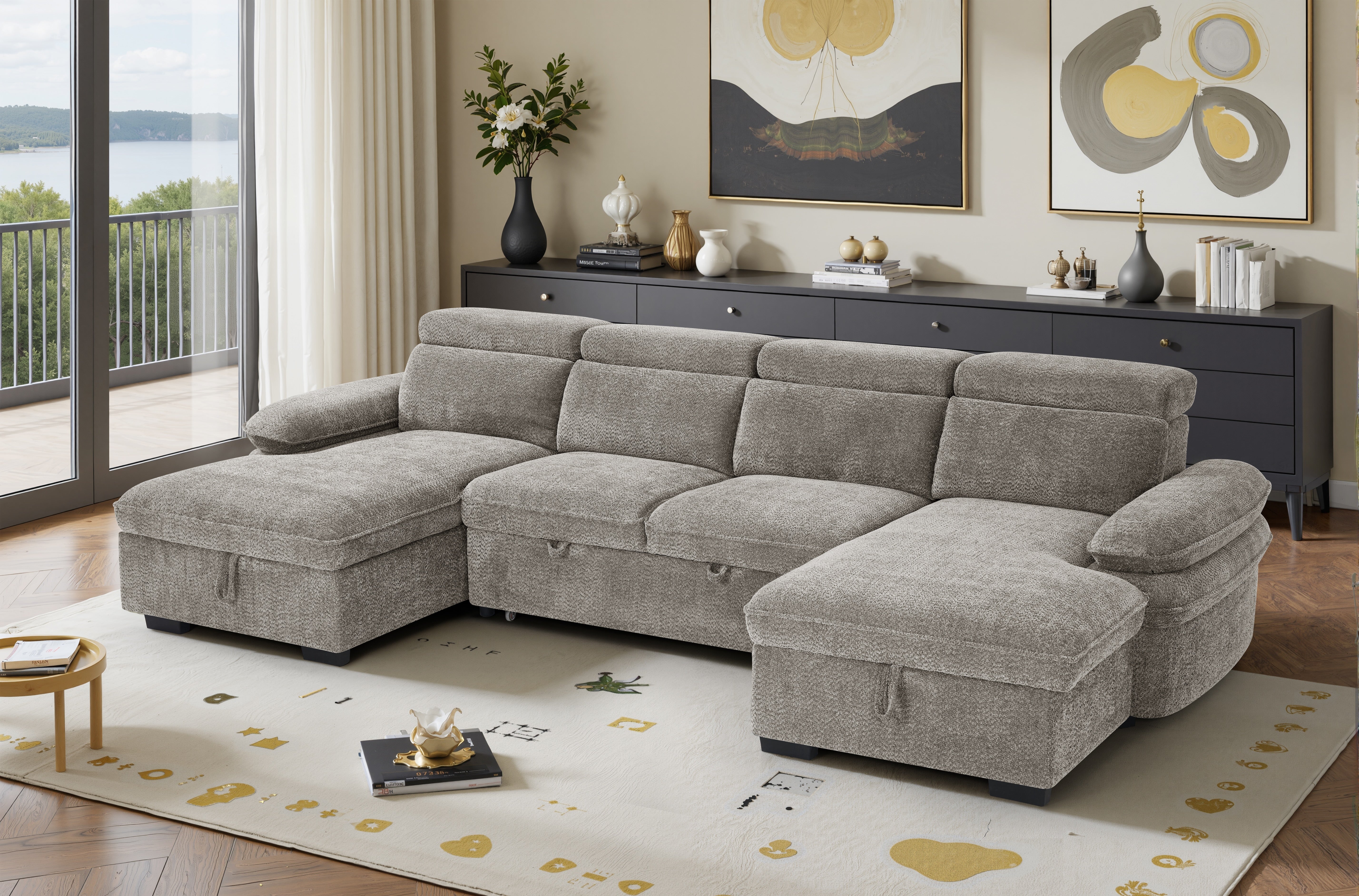 MANVILLE U-Shape Sofa Bed With Storage